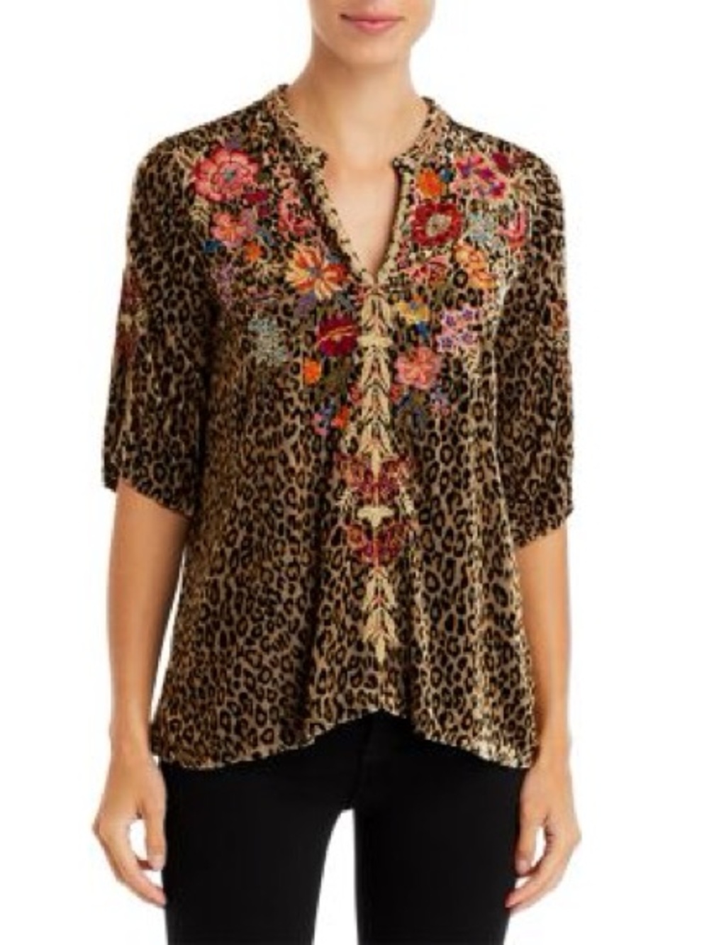 JOHNNY WAS Taline Embroidered Leopard-print Blouse In Multi Size Small
